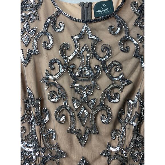 ADRIANNA PAPELL DRESS 2 SEQUIN BEADED MESH SHEER TAN NUDE SILVER MINI COCKTAIL - Picture 8 of 16